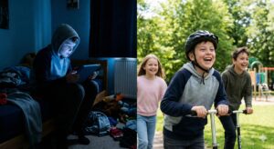 young boy at a typical community alone in his room on his device versus a boy at Firefly having fun outside riding scooters with friends.